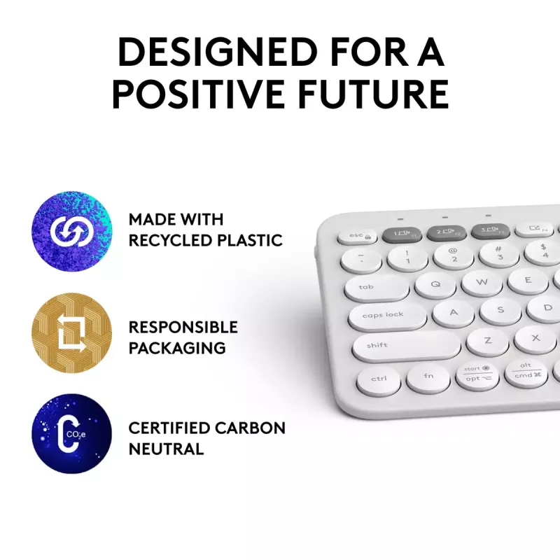 Mini tastiera compatta Logitech Pebble Keys 2 K380s — RF Wireless + Bluetooth, QWERTY US International, bianco