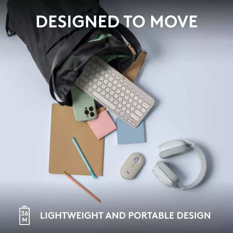 Mini tastiera compatta Logitech Pebble Keys 2 K380s — RF Wireless + Bluetooth, QWERTY US International, bianco