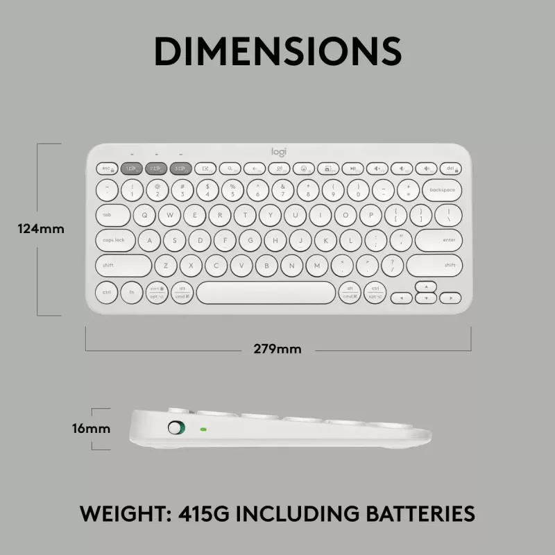 Mini tastiera compatta Logitech Pebble Keys 2 K380s — RF Wireless + Bluetooth, QWERTY US International, bianco