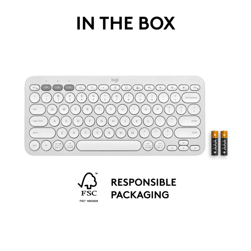 Mini tastiera compatta Logitech Pebble Keys 2 K380s — RF Wireless + Bluetooth, QWERTY US International, bianco
