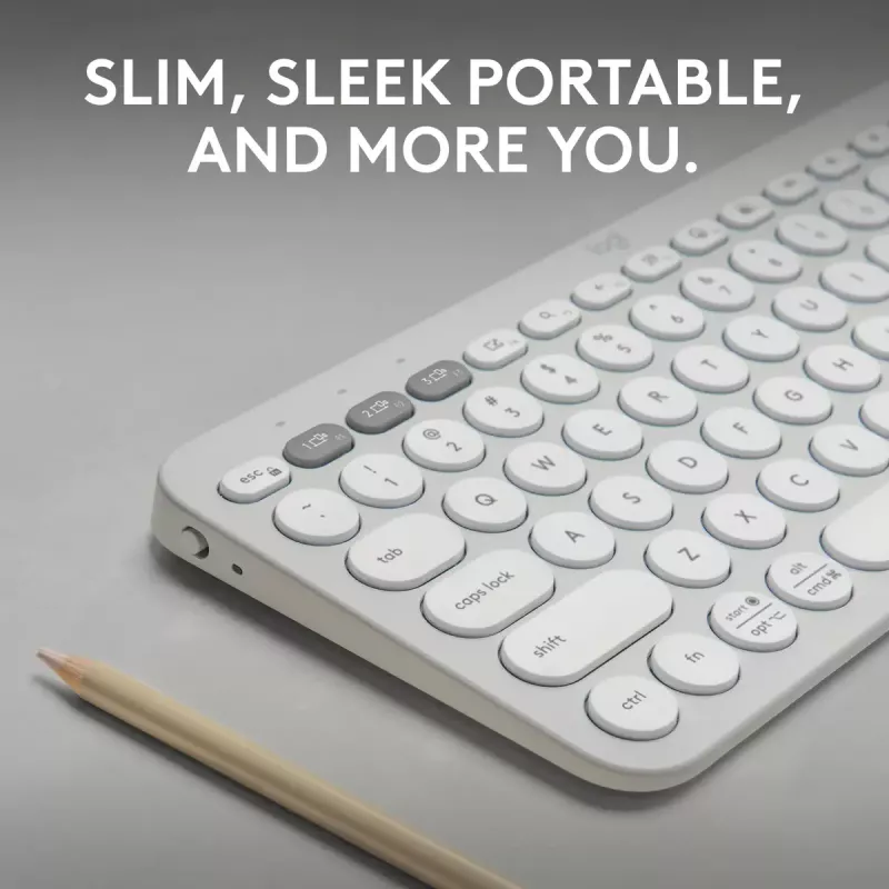 Mini tastiera compatta Logitech Pebble Keys 2 K380s — RF Wireless + Bluetooth, QWERTY US International, bianco