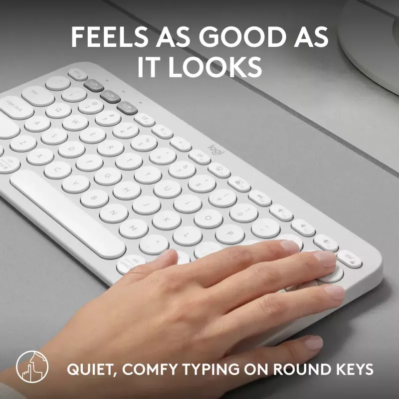 Mini tastiera compatta Logitech Pebble Keys 2 K380s — RF Wireless + Bluetooth, QWERTY US International, bianco