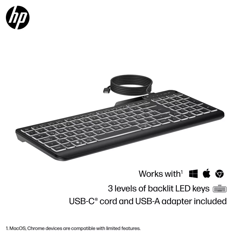 Tastiera cablata retroilluminata HP 405 Multi-Device, formato completo (100%), cablata, USB, a membrana, QWERTY, nero