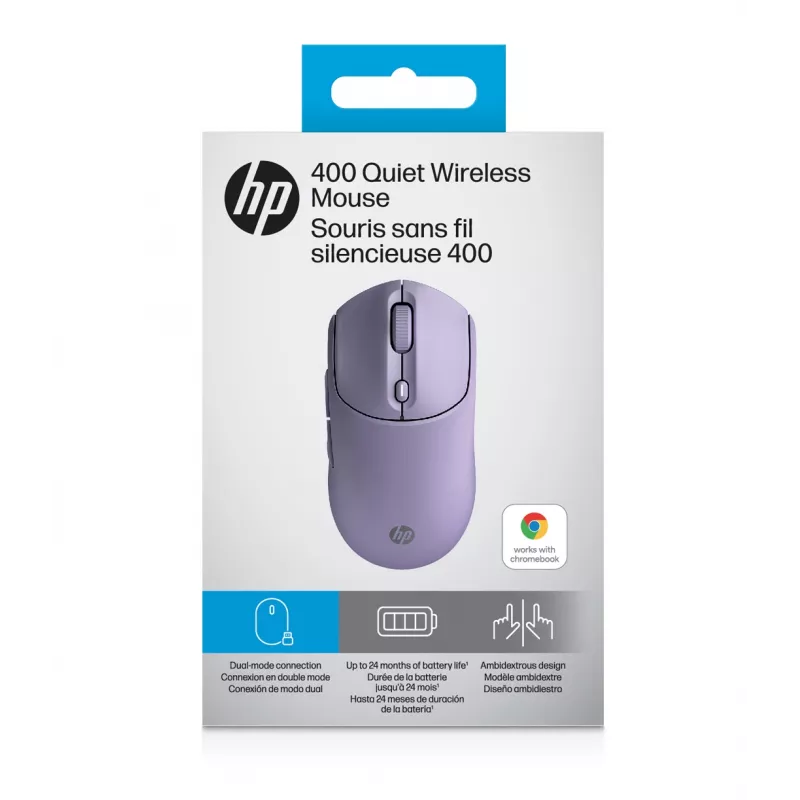 Mouse wireless silenzioso HP 400 lilla, ambidestro, RF Wireless + Bluetooth, 6000 DPI, lilla