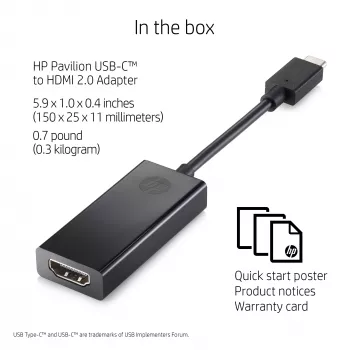 Adattatore HP USB-C a HDMI 2.0 nero 111,2 mm larghezza 44,2 mm profondità 17,1 mm altezza