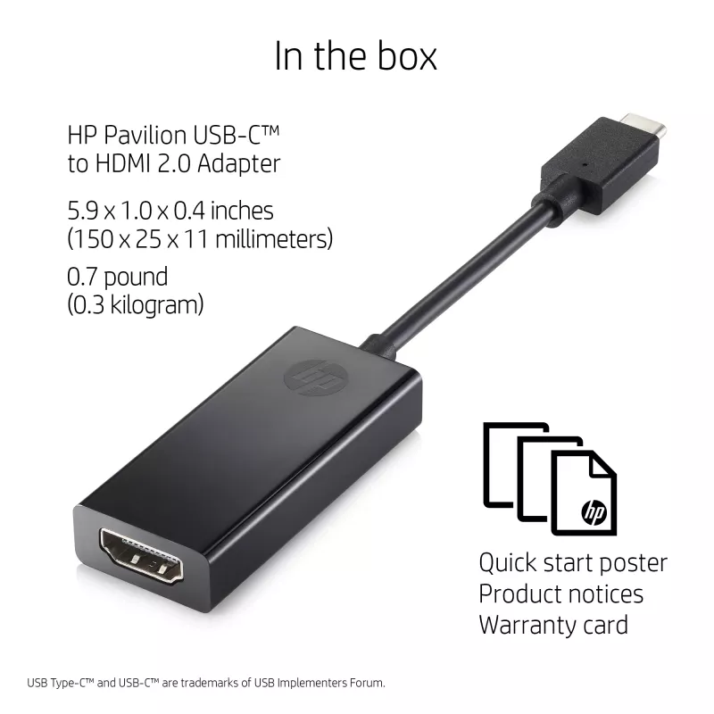 HP 1WC36AA adattatore da USB-C a HDMI 2.0, USB-C maschio a HDMI femmina, nero
