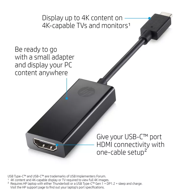 HP 1WC36AA adattatore da USB-C a HDMI 2.0, USB-C maschio a HDMI femmina, nero