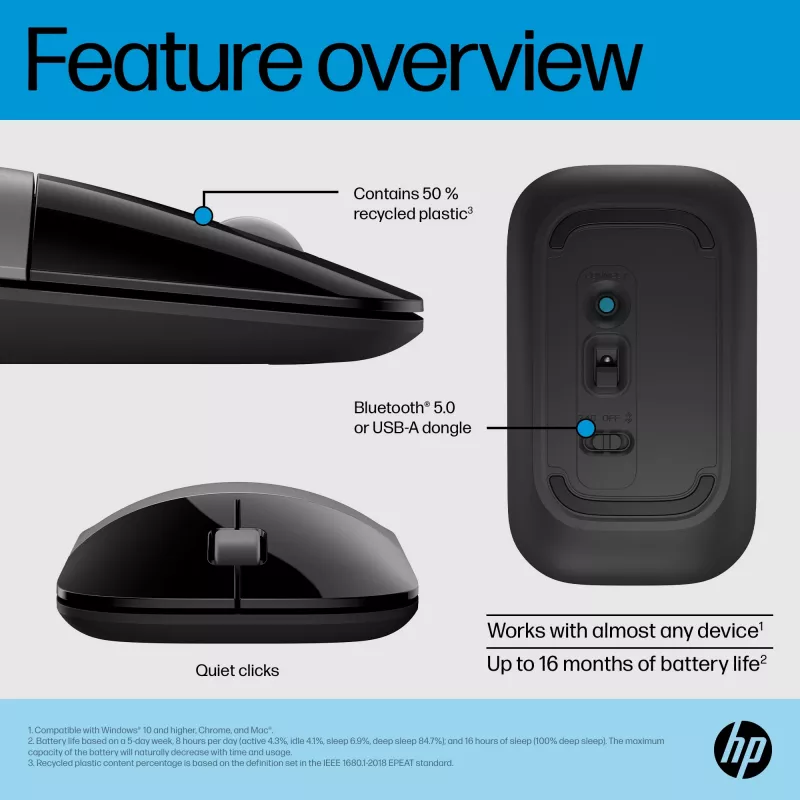 Mouse HP Z3700 Dual Silver, ambidestro, RF Wireless + Bluetooth, argento
