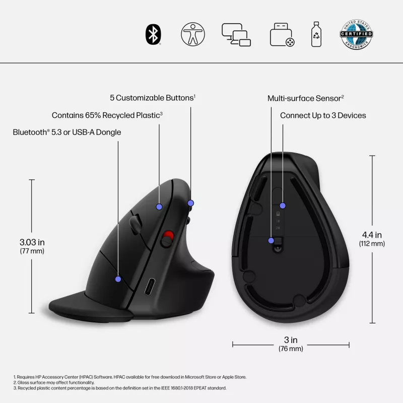 HP 920 mouse ergonomico wireless, per destrimani, design verticale, Bluetooth + USB Type-A, 4000 DPI, nero