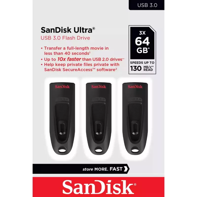 WESTERN DIGITAL Sandisk Cruzer Ultra - 64GB Chiavetta USB - USB 3.0 - nero - confezione da 3