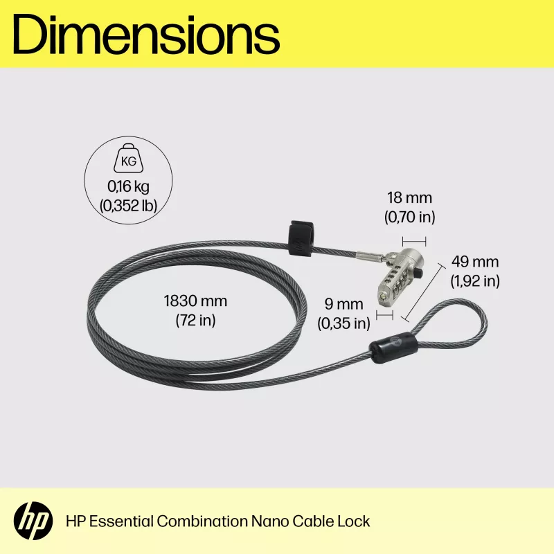 HP Essential Nano Cavo di sicurezza a combinazione, 1,83 m, lucchetto a combinazione, acciaio inox