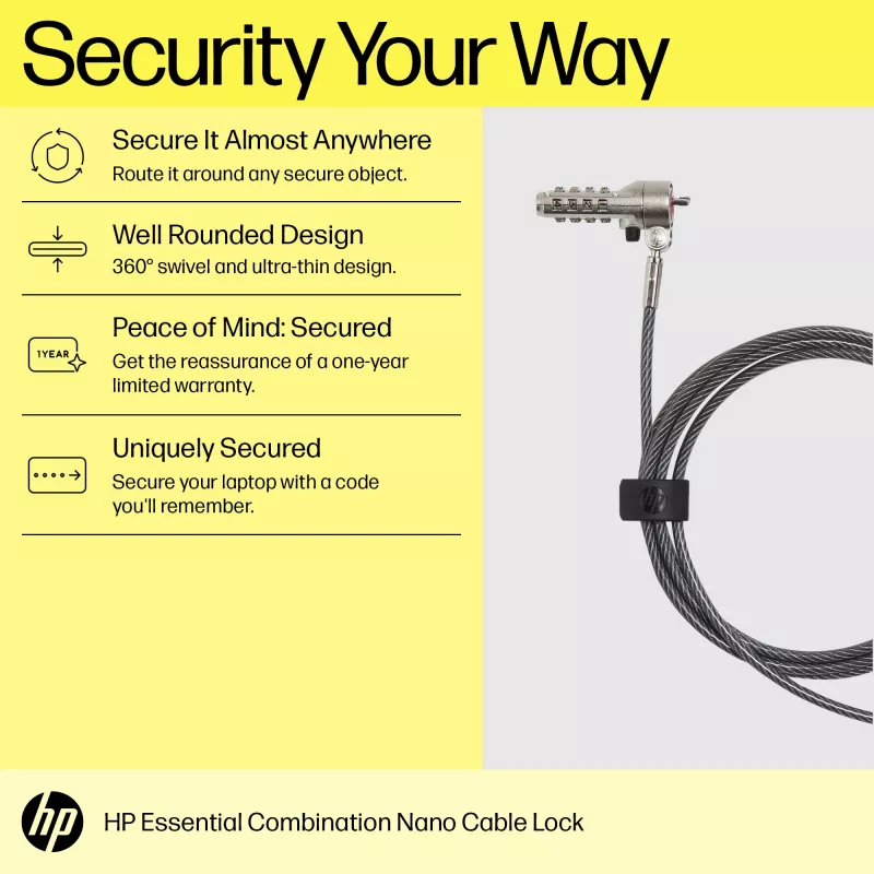 HP Essential Nano Cavo di sicurezza a combinazione, 1,83 m, lucchetto a combinazione, acciaio inox