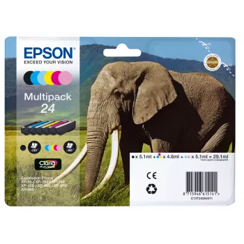 Epson Elephant multipack 6 colori 24 inchiostro Claria Photo HD, resa standard, nero, ciano, ciano chiaro, magenta, magenta chiaro, giallo, 5,1 ml, 4,6 ml, 6 pezzi, multipack