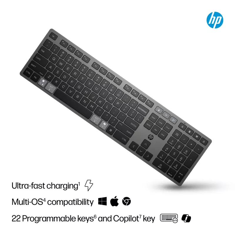 HP 725 tastiera wireless ricaricabile multi-device, formato completo (100%), wireless, RF Wireless + Bluetooth, nero
