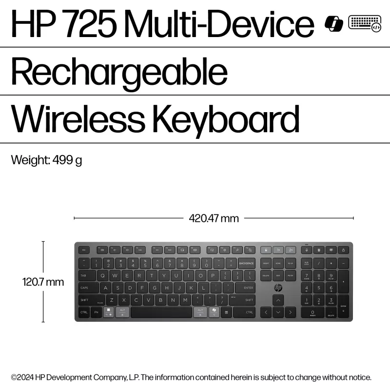 HP 725 tastiera wireless ricaricabile multi-device, formato completo (100%), wireless, RF Wireless + Bluetooth, nero