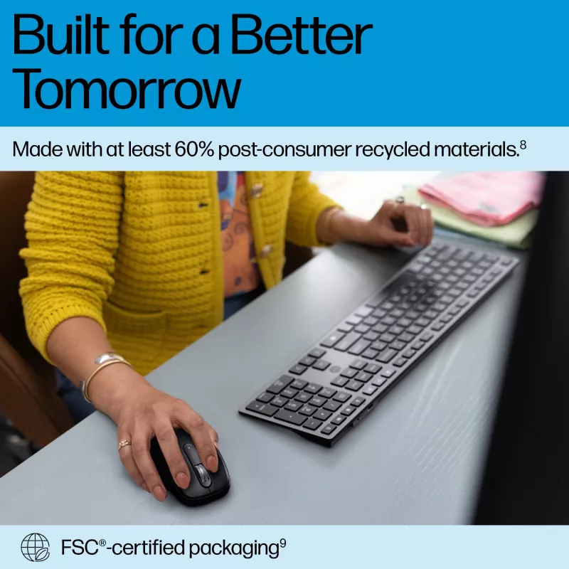 HP 725 tastiera wireless ricaricabile multi-device, formato completo (100%), wireless, RF Wireless + Bluetooth, nero