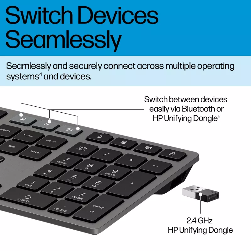 HP 725 tastiera wireless ricaricabile multi-device, formato completo (100%), wireless, RF Wireless + Bluetooth, nero