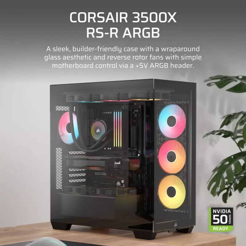 Case PC Midi-Tower CORSAIR 3500X RS-R ARGB — nero, vetro temperato, supporta ATX/EATX/Micro-ITX, 3x120 mm ventole frontali