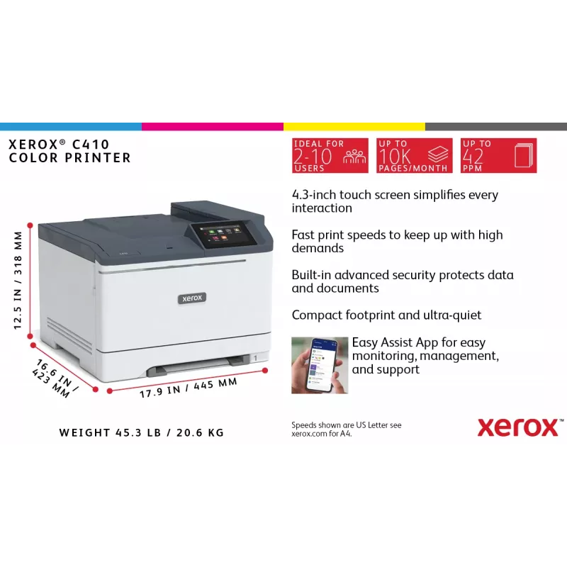Xerox C410 A4 40ppm duplex stampante PS3 PCL5e/6 2 vassoi carta 251 fogli