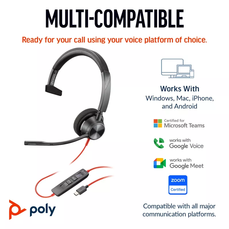 HP Poly Blackwire 3310 headset monaurale con USB-C + adattatore USB-C/A