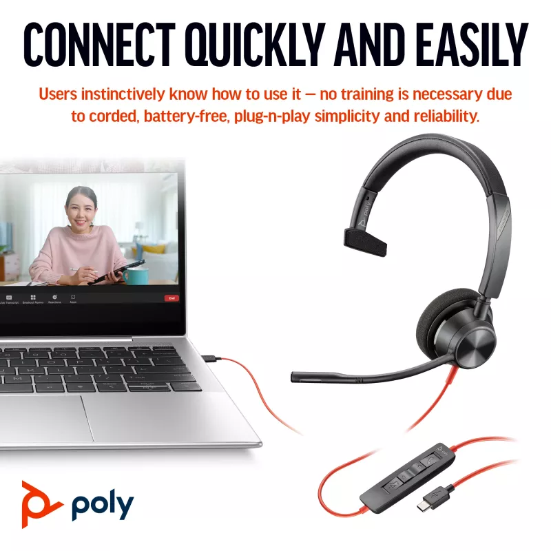 HP Poly Blackwire 3310 headset monaurale con USB-C + adattatore USB-C/A