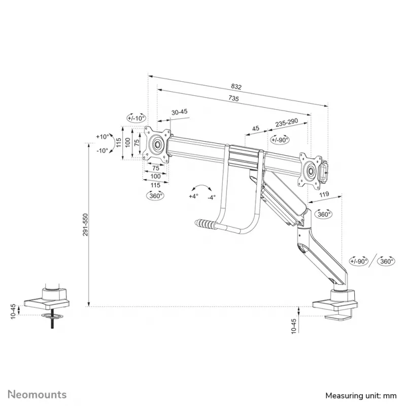 Neomounts DS75-450WH2 braccio monitor 17-32 pollici - a gas - Topfix - stop 180°
