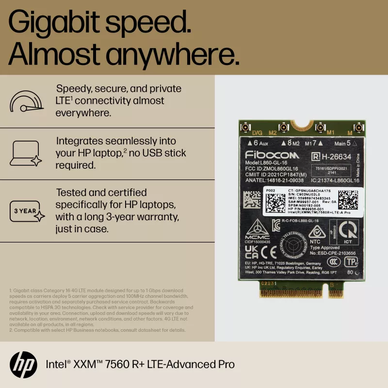 HP XMM 7560 R+ LTE-Advanced Pro WWAN, Cina, business, -20 - 65 °C, -40 - 85 °C, Windows 10, Windows 11, 42 mm