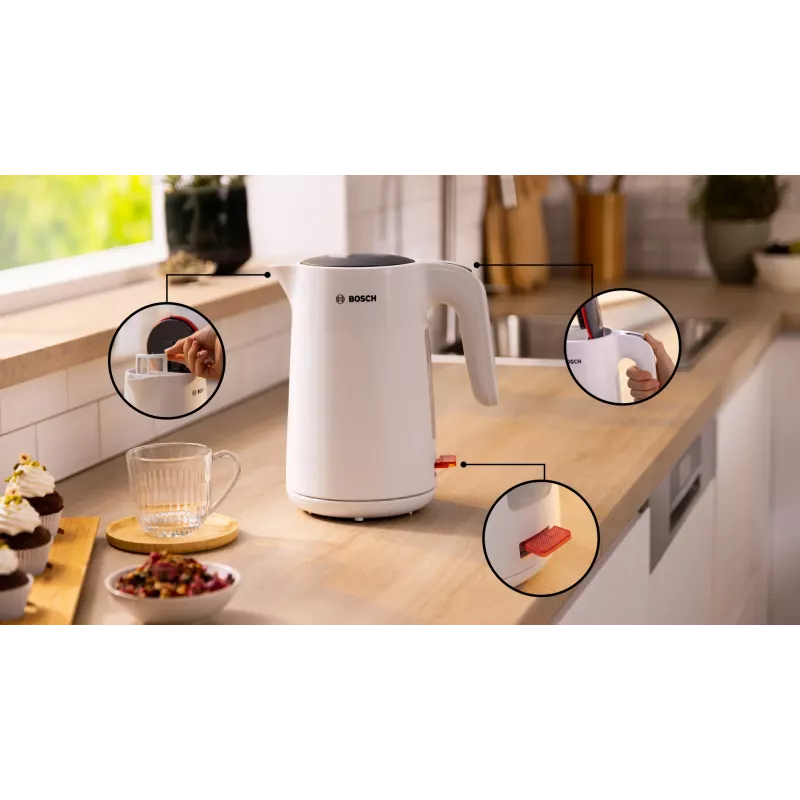Bosch TWK2M161 bollitore, 1,7 l, 2400 W, bianco, corpo in plastica, base girevole 360°