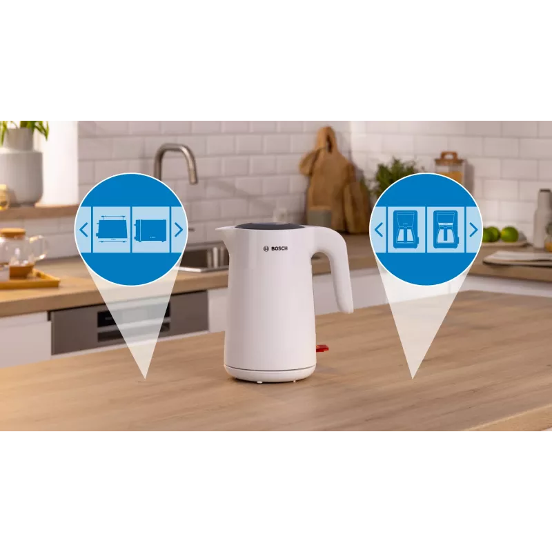 Bosch TWK2M161 bollitore, 1,7 l, 2400 W, bianco, corpo in plastica, base girevole 360°