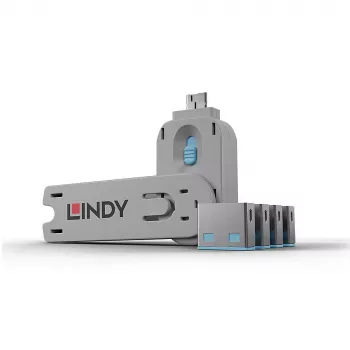 Lindy Blocco porte USB - Confezione da 4 pezzi, Codice colore: Blu, Blocco porte + chiave, USB Type-A, Blu, Acrilonitrile butadiene stirene (ABS), 5 pz., Sacchetto di plastica