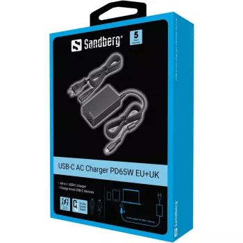 Sandberg caricabatterie USB-C AC PD65W EU+UK, universale, per interni, 230 V, 65 W, AC-DC, nero