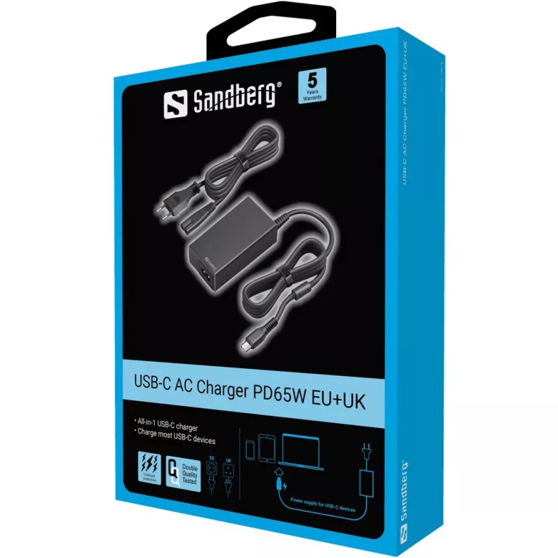 Sandberg 135-76 caricabatterie USB-C CA PD65W EU+UK, 65 W, 3,25 A, 100-240 V, cavo da 1,8 m