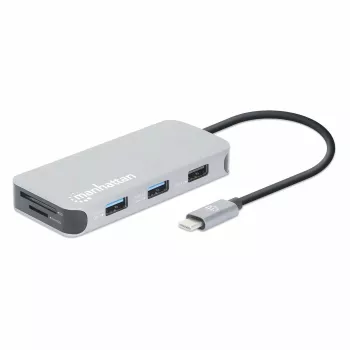 Manhattan dock/hub USB-C con lettore di schede, porte (x6): Ethernet, HDMI, USB-A (x3) e USB-C, con Power Delivery (100 W) sulla porta USB-C (nota: alimentatore USB-C e cavo USB-C aggiuntivi necessari), universale per tutti i dispositivi, cavo 15 cm, alluminio, argento