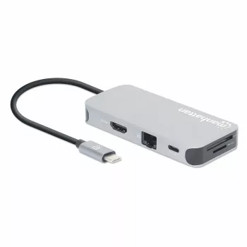 Manhattan dock/hub USB-C con lettore di schede, porte (x6): Ethernet, HDMI, USB-A (x3) e USB-C, con Power Delivery (100 W) sulla porta USB-C (nota: alimentatore USB-C e cavo USB-C aggiuntivi necessari), universale per tutti i dispositivi, cavo 15 cm, alluminio, argento