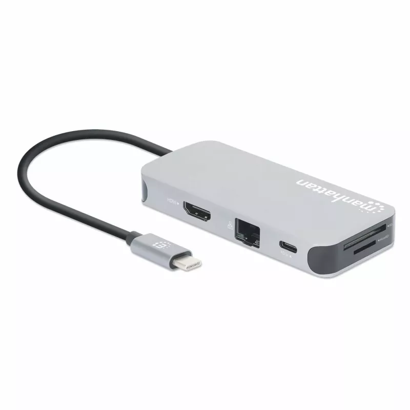 Manhattan dock/hub USB-C con lettore di schede, porte (x6): Ethernet, HDMI, USB-A (x3) e USB-C, con Power Delivery (100 W) sulla porta USB-C (nota: alimentatore USB-C e cavo USB-C aggiuntivi necessari), universale per tutti i dispositivi, cavo 15 cm, alluminio, argento