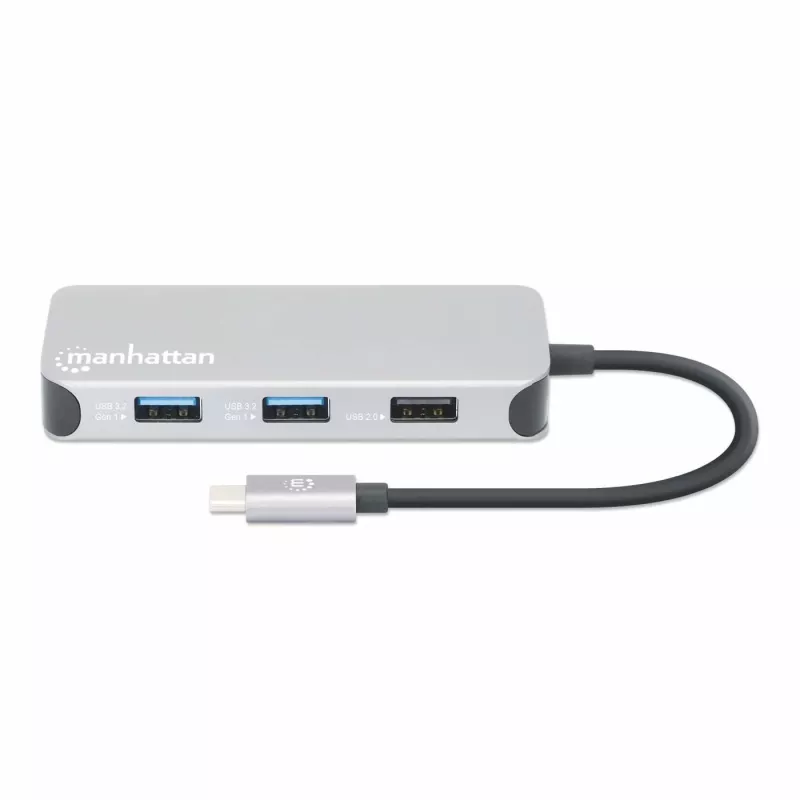 Manhattan dock/hub USB-C con lettore di schede, porte (x6): Ethernet, HDMI, USB-A (x3) e USB-C, con Power Delivery (100 W) sulla porta USB-C (nota: alimentatore USB-C e cavo USB-C aggiuntivi necessari), universale per tutti i dispositivi, cavo 15 cm, alluminio, argento