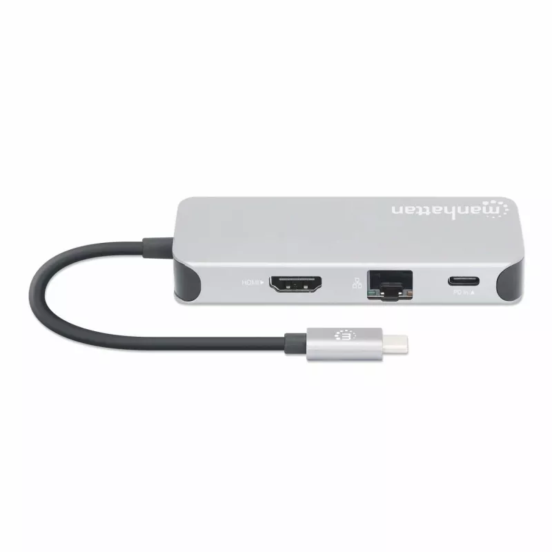 Manhattan dock/hub USB-C con lettore di schede, porte (x6): Ethernet, HDMI, USB-A (x3) e USB-C, con Power Delivery (100 W) sulla porta USB-C (nota: alimentatore USB-C e cavo USB-C aggiuntivi necessari), universale per tutti i dispositivi, cavo 15 cm, alluminio, argento
