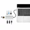 Manhattan dock/hub USB-C con lettore di schede, porte (x6): Ethernet, HDMI, USB-A (x3) e USB-C, con Power Delivery (100 W) sulla porta USB-C (nota: alimentatore USB-C e cavo USB-C aggiuntivi necessari), universale per tutti i dispositivi, cavo 15 cm, alluminio, argento