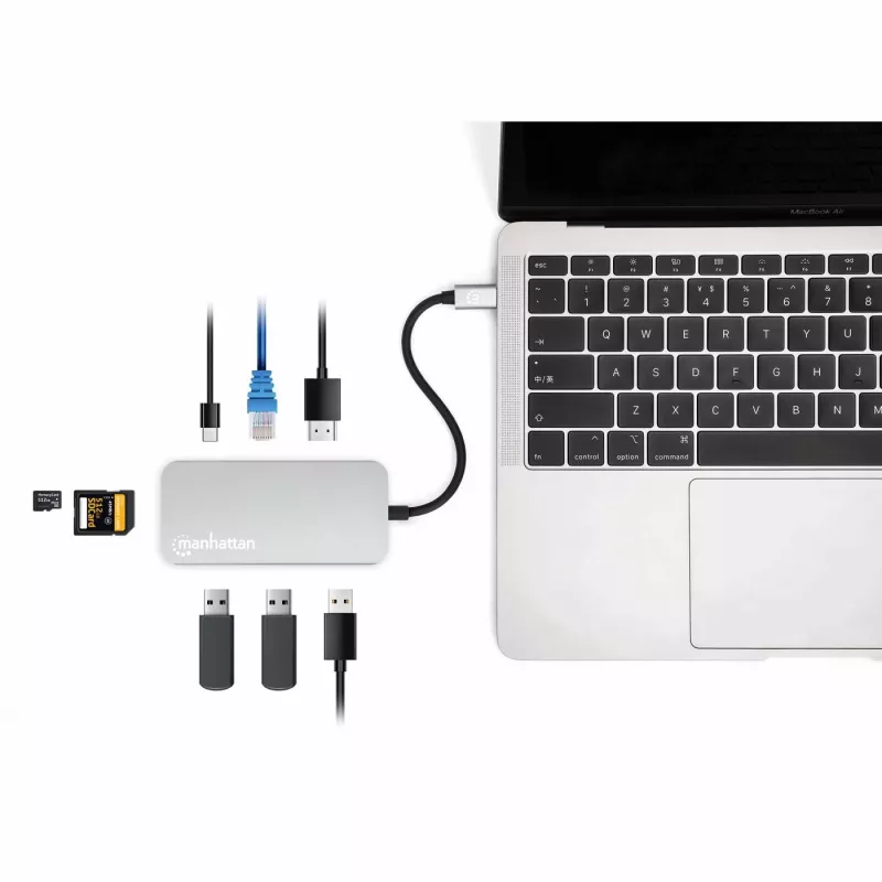 Manhattan dock/hub USB-C con lettore di schede, porte (x6): Ethernet, HDMI, USB-A (x3) e USB-C, con Power Delivery (100 W) sulla porta USB-C (nota: alimentatore USB-C e cavo USB-C aggiuntivi necessari), universale per tutti i dispositivi, cavo 15 cm, alluminio, argento