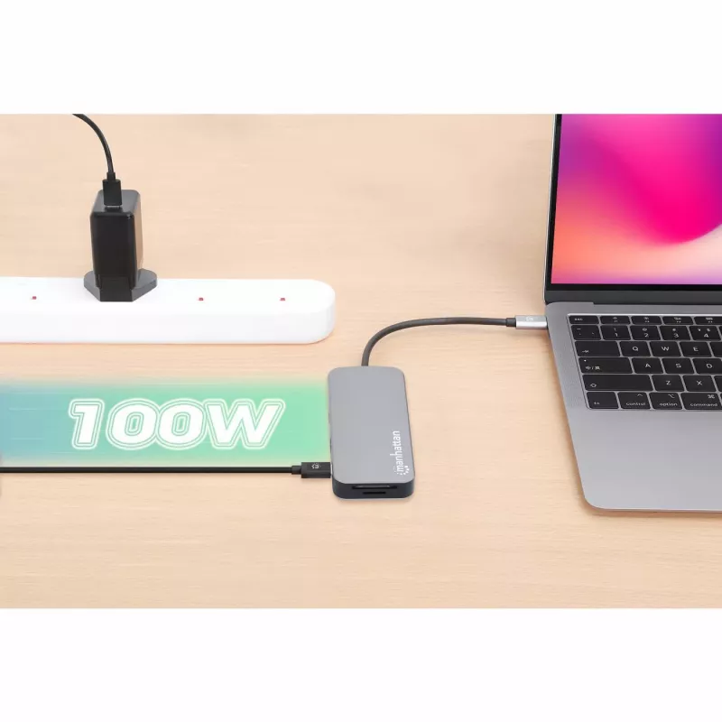 Manhattan dock/hub USB-C con lettore di schede, porte (x6): Ethernet, HDMI, USB-A (x3) e USB-C, con Power Delivery (100 W) sulla porta USB-C (nota: alimentatore USB-C e cavo USB-C aggiuntivi necessari), universale per tutti i dispositivi, cavo 15 cm, alluminio, argento