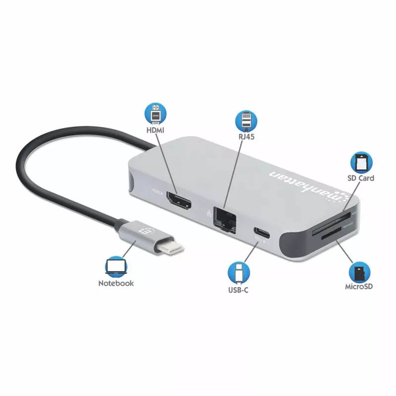 Manhattan dock/hub USB-C con lettore di schede, porte (x6): Ethernet, HDMI, USB-A (x3) e USB-C, con Power Delivery (100 W) sulla porta USB-C (nota: alimentatore USB-C e cavo USB-C aggiuntivi necessari), universale per tutti i dispositivi, cavo 15 cm, alluminio, argento