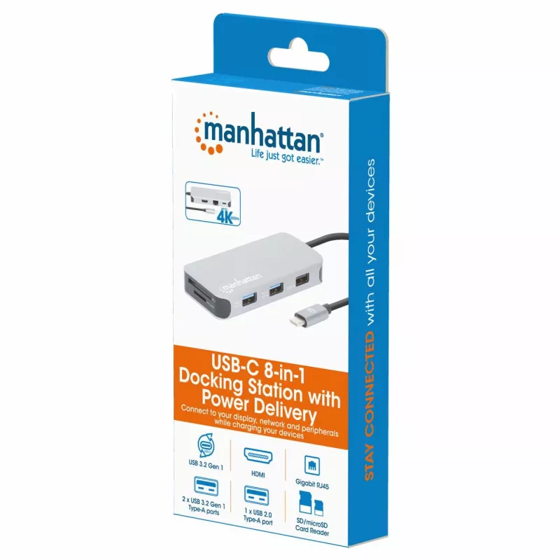 Manhattan dock/hub USB-C con lettore di schede, porte (x6): Ethernet, HDMI, USB-A (x3) e USB-C, con Power Delivery (100 W) sulla porta USB-C (nota: alimentatore USB-C e cavo USB-C aggiuntivi necessari), universale per tutti i dispositivi, cavo 15 cm, alluminio, argento