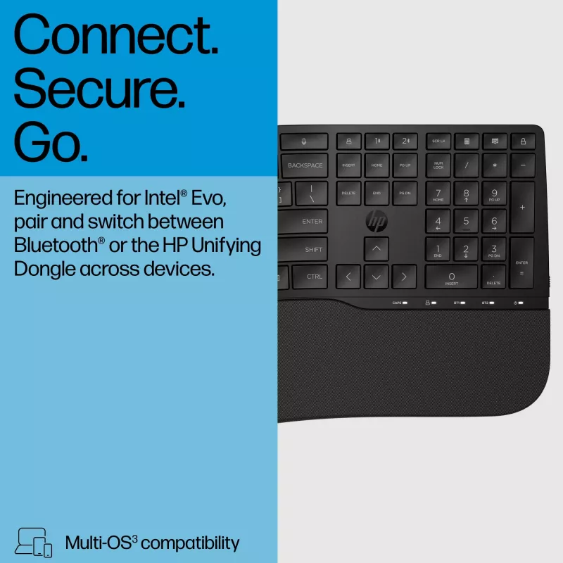 Tastiera HP 685 Comfort Dual-Mode 8T6L9UT#ABB, wireless 2,4 GHz, multi-dispositivo, 23 tasti programmabili, a dimensione standard, QWERTY inglese internazionale, nera