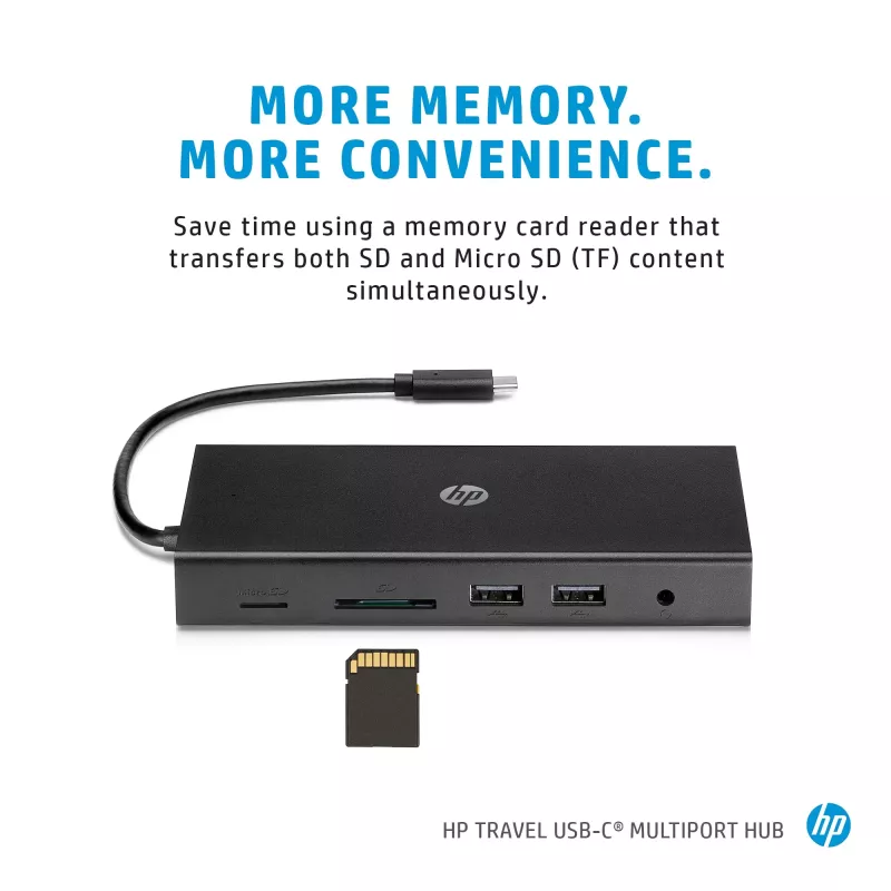 Hub multiporta USB-C HP Travel – HP 1C1Y5AA, host USB-C, HDMI 2.0, VGA, 1×RJ-45, 2×USB-A 3.2 Gen1, 2×USB 2.0, lettore di schede MicroSD, nero