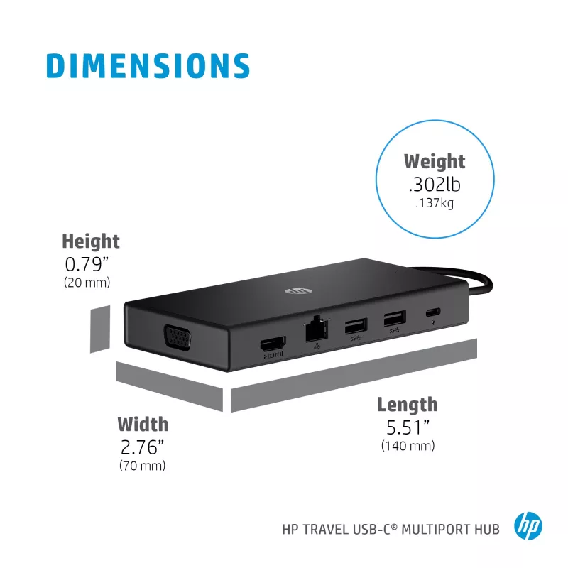 Hub multiporta USB-C HP Travel – HP 1C1Y5AA, host USB-C, HDMI 2.0, VGA, 1×RJ-45, 2×USB-A 3.2 Gen1, 2×USB 2.0, lettore di schede MicroSD, nero