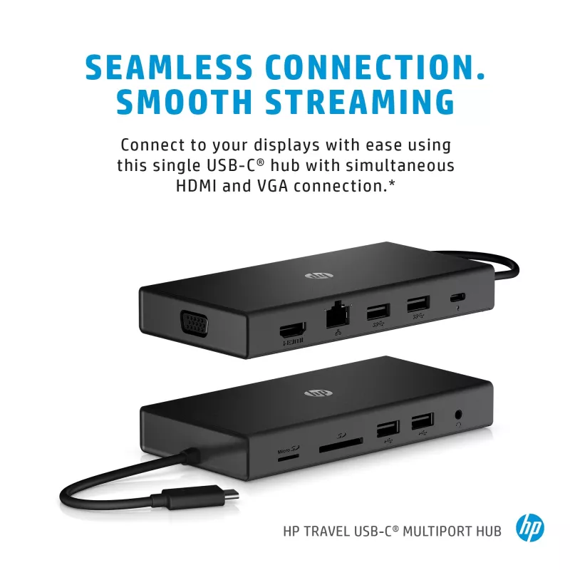 Hub multiporta USB-C HP Travel – HP 1C1Y5AA, host USB-C, HDMI 2.0, VGA, 1×RJ-45, 2×USB-A 3.2 Gen1, 2×USB 2.0, lettore di schede MicroSD, nero