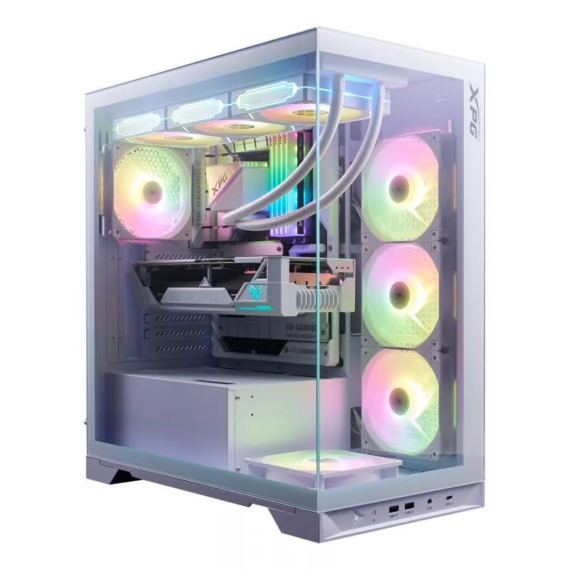 XPG Invader X BTF case PC Midi Tower, ATX/Micro-ATX/Mini-ITX, pannello laterale trasparente, 5 ventole ARGB da 120 mm, USB-C, senza alimentatore, bianco