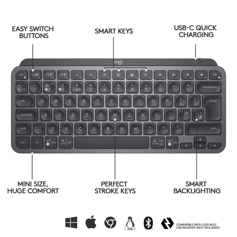 LOGITECH MX Keys Mini Tastiera Retroilluminata - Wireless Bluetooth - Grafite - Azerty Francese