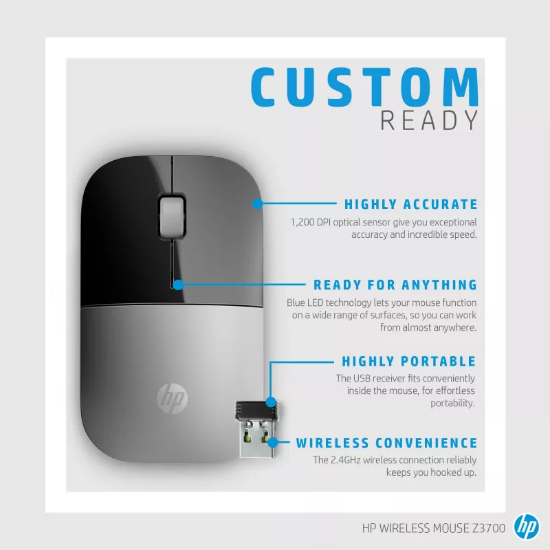 HP Z3700 mouse wireless blu, ambidestro, ottico, RF wireless, 1200 DPI, blu