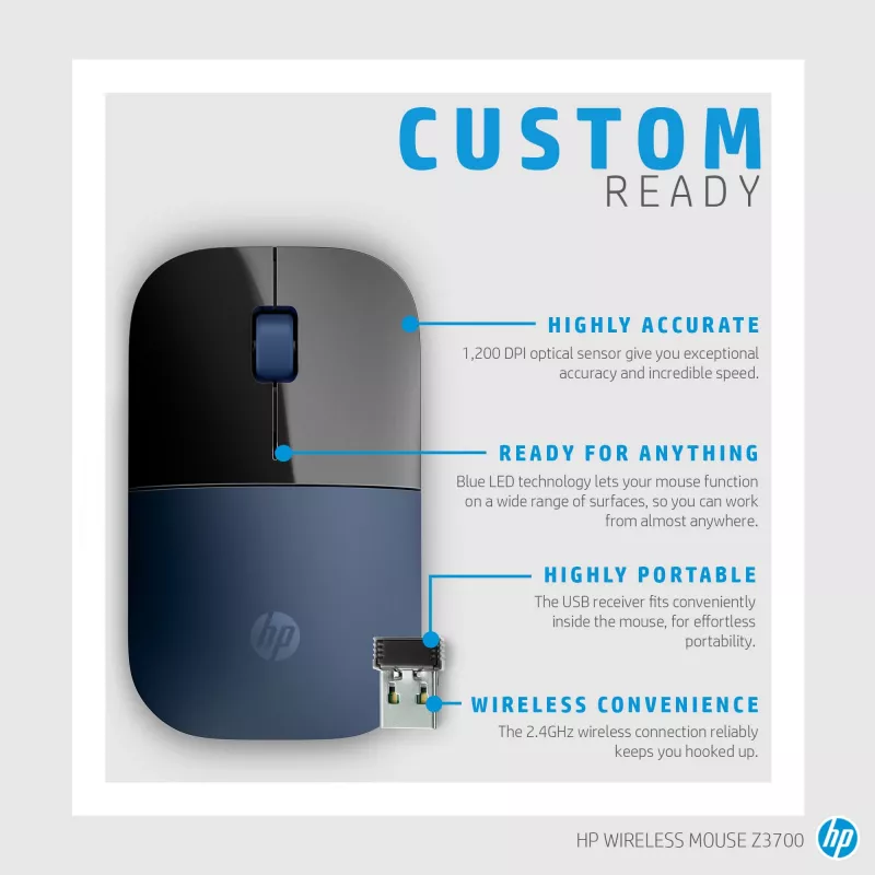 HP Z3700 mouse wireless blu, ambidestro, ottico, RF wireless, 1200 DPI, blu